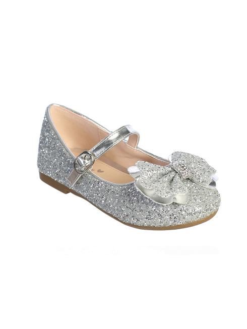 Girls Silver Glitter Double Bow Mary Jane Flats in sizes 9 Toddler to 5 Kids